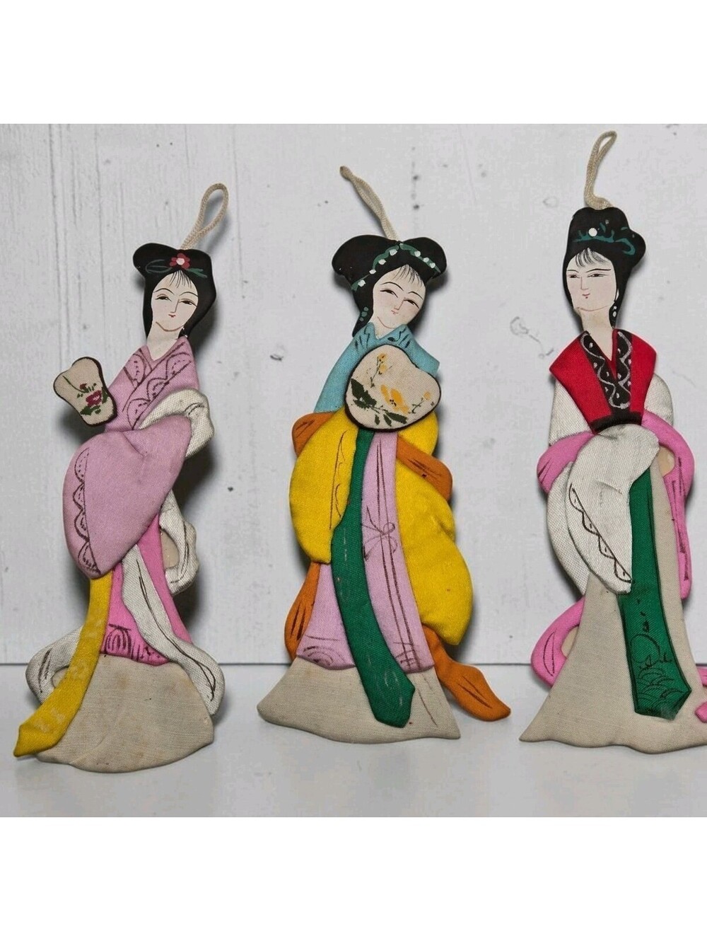 Lot of 3 Vintage Chinese Silk Padded Paper Doll Ornaments Geisha Lady 6"